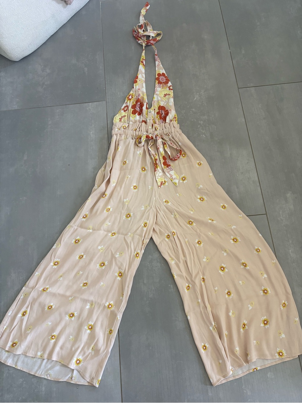 Free People Beige Floral Halter Wide-Leg Jumpsuit